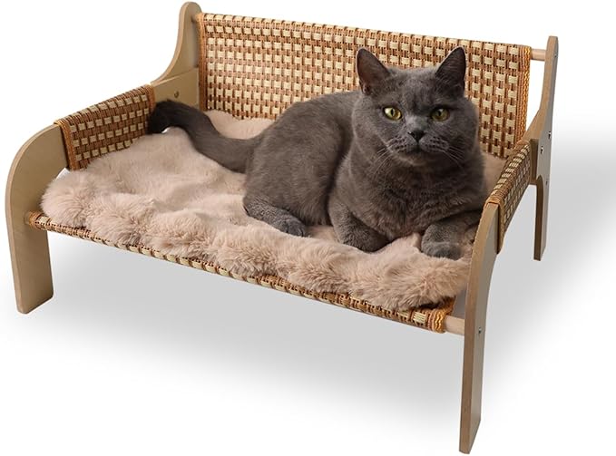 2 in 1 Large Woven Rattan Cat Couch Bed with 19x 14'' Removable Plush Pad Mat, Pet Sofa for Indoor Elevated Cat Beds Suitable for Kitty, Puppy or Small Animal (Supports 33 lbs)