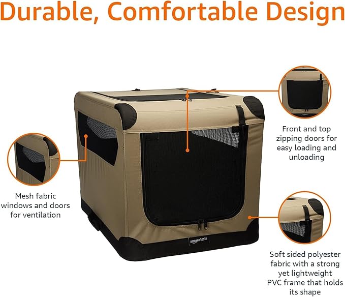 Amazon Basics Portable Folding Soft Dog Crate, Double Door, Collapsible Travel Kennel, Easy to Set Up, Sturdy, Secure, XL 42" x 31" x 31", Tan