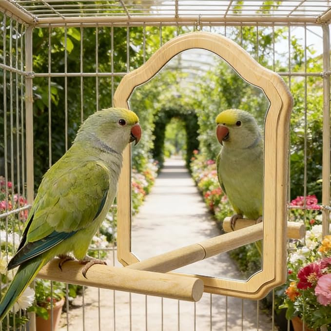 Mirror with Perch for Parrots, Wooden Standing Bird Mirror Toy Chewing Perch with Reflective Mirror for Cockatiel, Lovebird, Parakeet, Bird Cage Accessories ﻿ (Large Mirror 21cm)