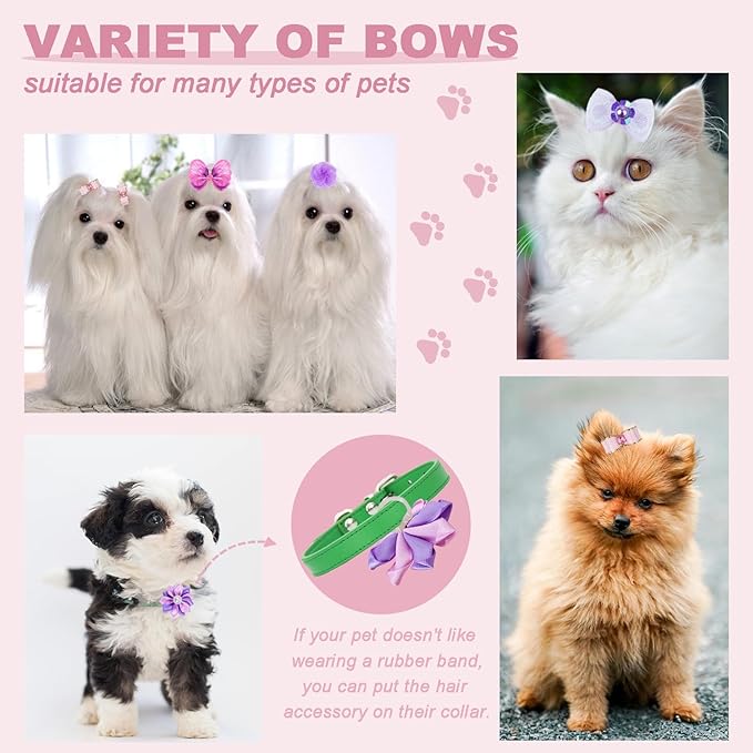 22 Pieces Cute Dog Hair Bows with Elastic Rubber Bands, Small Puppy Hair Accessories with Butterfly Flower Pearls Double Bow for Pets Dogs Cats Hair Grooming (Purple and Pink)