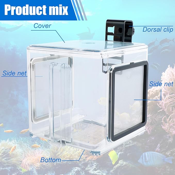 Fish Breeding Box, Acrylic Fish Isolation Box, Clear Fish Isolation Hatchery Tank, Hanging Fish Incubator Box with Detachable Mesh Lid for Baby Fish Newborn Fish Shrimp 15x15x15 cm