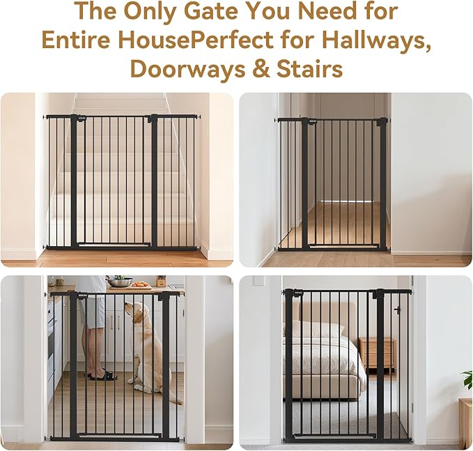 43 inch Tall Safety Dog Gate Adjustable 29.7-57 inch Extra-Wide Metal Pet Gate Drill-Free Pressure-Mount Installation kit Self-Closing Cat Gate for Stairwells、Doorways（Black）