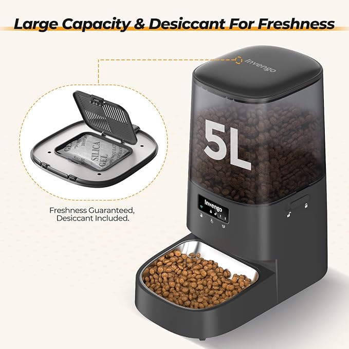 Automatic Cat Feeder with App Control, 5L Food Dispenser for Cats and Small Dogs, 2.4/5G Wi-Fi, Dual Power, Programmable Portions, Anti-Jam & Fresh-Lock, Stainless Steel Bowl, Easy to Clean