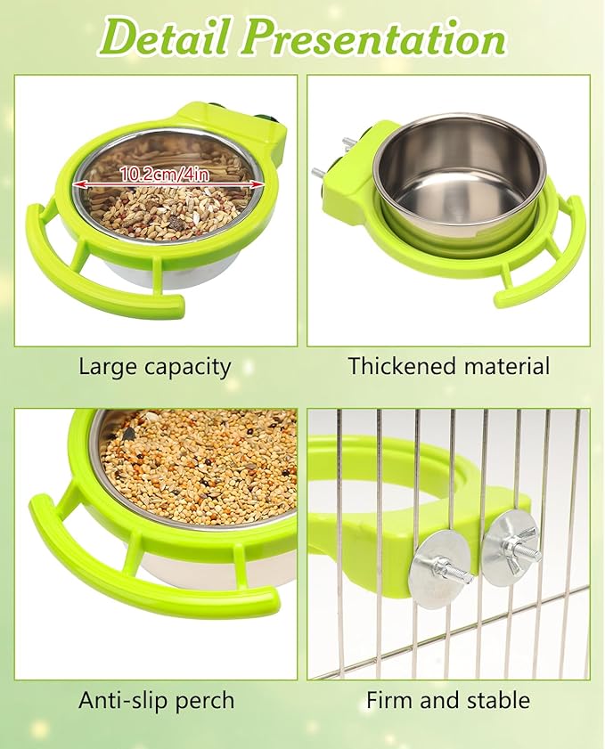 BNOSDM 2 PCS Stainless Steel Bird Bowls Bird Feeding Dish Water Cups Perch Stand Hanging Parakeet Food Container Food and Water Bowls with Spoon for Budgie Cockatoo Finch Lovebirds (Green)