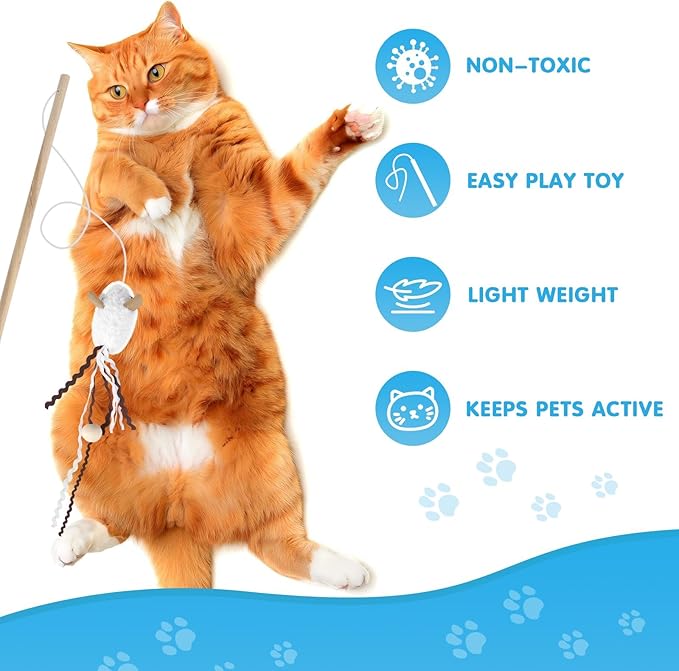 NOWFRESH Cat Wand Toy Set, 2 PCS Interactive Cat Teaser Wands with Cute Octopus & Lion Designs, Equipped with Bells and Streamers to Captivate Your Cat’s Attention