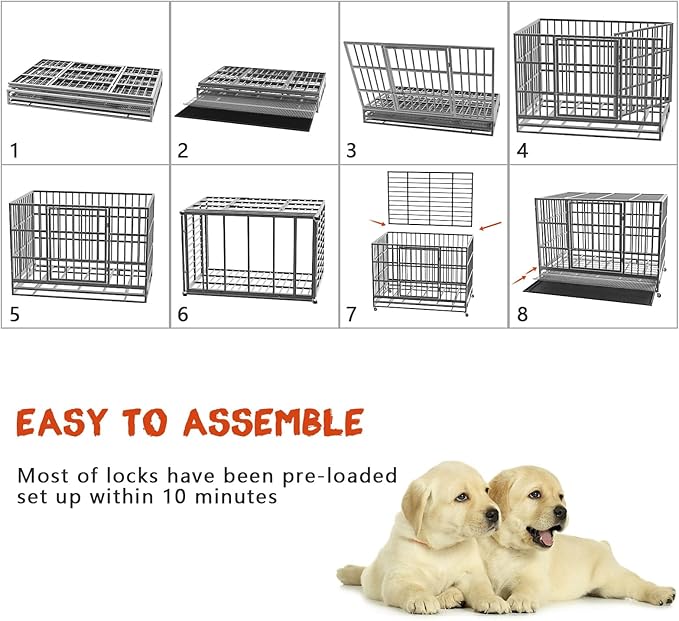 LEMBERI 42 inch Heavy Duty Indestructible Dog Crate, Escape Proof Dog Cage Kennel with Lockable Wheels,High Anxiety Double Door Dog Crate,Extra Large Crate Indoor for Large Dog with Removable Tray