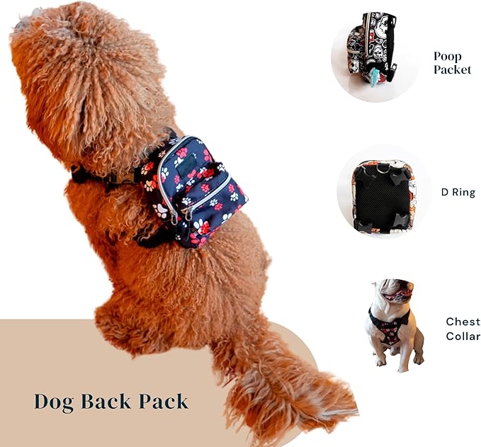 Pawlook Dog Backpack Harness – Street Smart | Waterproof, Adjustable, Breathable – Leash Attachment D-Rings, Poop Bag Pocket – Small & Medium Dogs – 8 Styles Paws Up Medium