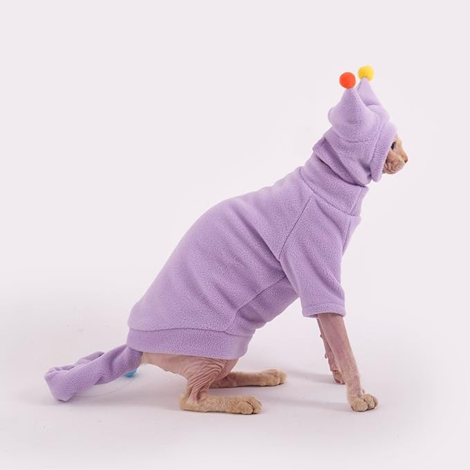 Sphynx Cat Clothes, Warm Cat Jumpsuit with Hat and Tail Cover, Full Set for Hairless Cats, Cornish Rex and Devon Rex (Purple, S(2-3.5lbs))