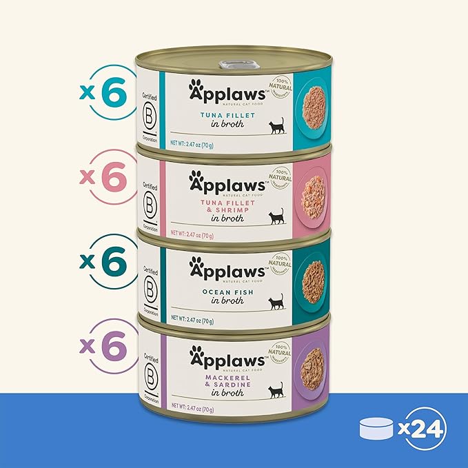 Applaws Natural Wet Canned Cat Food, Limited and Natural Ingredients, High Protein with No Artificial Additives, Fish Selection Variety Pack in Broth (24 x 2.47oz Cans)