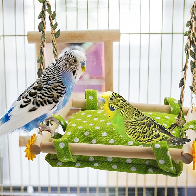 Bird Toy Climbing Hammock Nest Hanging Bird Bed for Cage Wooden Perch Stand Swing with Bell Toy for Parrot Parakeet Cockatiel Conure Cockatoo