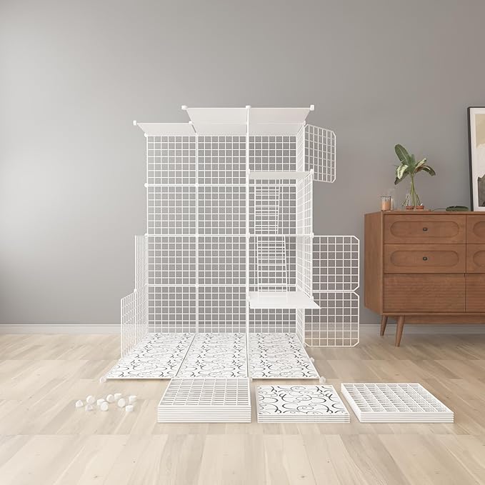 Indoor Cat Cage Enclosure DIY,Cat Playpen Catio Thick Metal Wire Kennels for 1-3 Cats Kitten Cage Detachable Patio Cat Crate (White, 28" L x 28" W x 41" H)