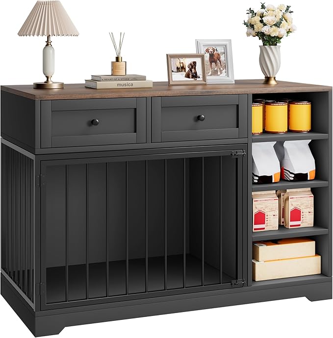 GAOMON 47 Inch Large Dog Crate, Dog Kennel Indoor with 2 Drawers and 4 Shelves, Dog Crate Furniture TV Stand, Wooden Dog Cage for Medium Large Dogs, Decorative Pet House, Black