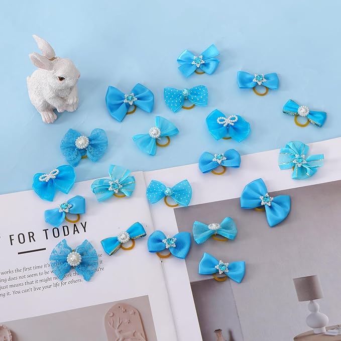 20 PCS Cute Dog Hair Bows with Rubber Bands Elastic Handmade Mix Style Lace Rhinestone Pearls for Furry Puppy Cat Pet Girl, Sky Blue