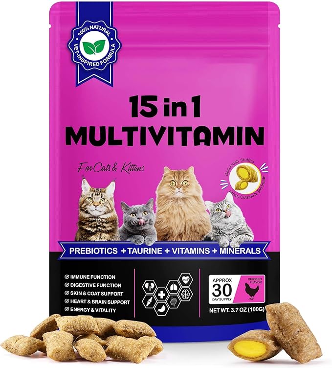 Cat Multivitamin Crunchy & Creamy Chews, Cat Treats Support for Immune, Joint, Skin & Coat, Digestion, Heart & Eyes, Cats Vitamins Supplements with Taurine for Cats Kittens - Chicken Flavor