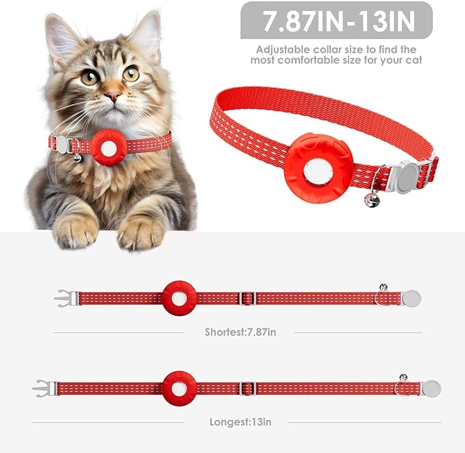 GPS Tracker for Cats, Compatible with Apple Find My App (Only iOS), No Monthly Fee Cat Tracker, Waterproof (White Tracker, Red Cat Collar)