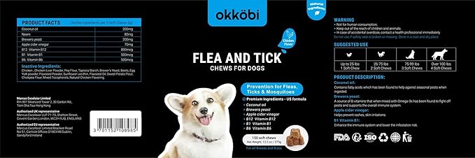 Flea and Tick Prevention Chewables for Dogs - 150 Chews - Flea & Tick Control - Vet-Approved Oral Treatment - Chicken Flavor - US-Made