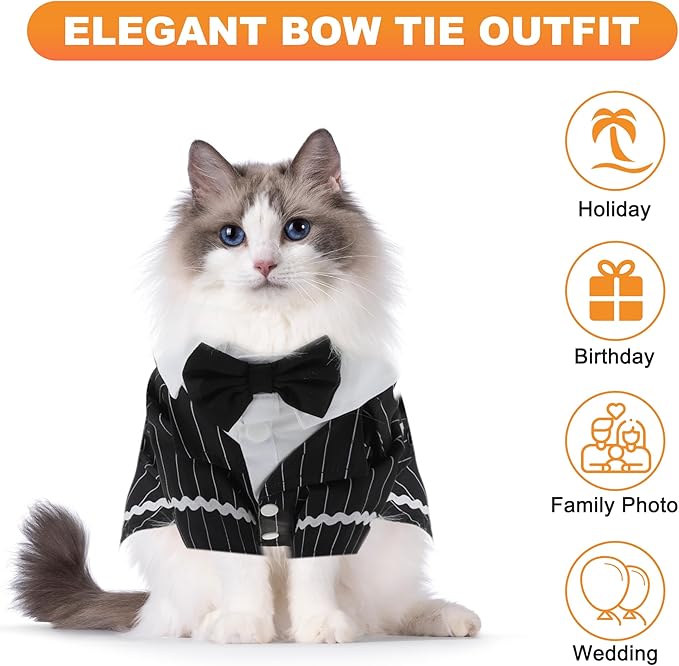 Cat Apparel, Stylish Tuxedo Outfit for Kitty with Tie, Black Stripes Pet Outfits for Wedding, Birthday, Party, XLarge