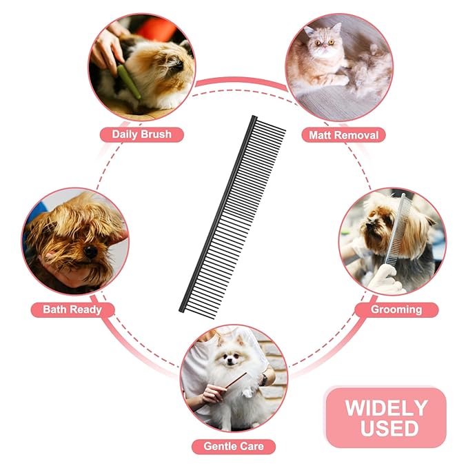 Dog Cat Comb, Pet Combs Stainless Steel Teeth with Rounded Ends for Knots Mats Loose Hair Removal, 7.5IN (Black Coated, 3 Pack), Grooming Tool Intended for Long Curly Hair Pet