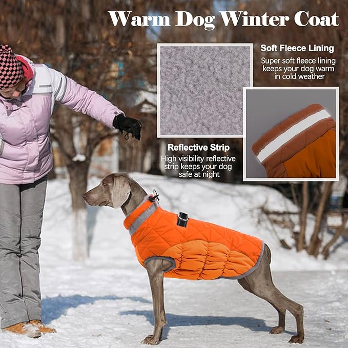 Lelepet Dog Coat Warm Dog Winter Coat Waterproof Dogs Jacket with Harness Built in Reflective Pet Fleece Vest Zip-Up Cold Weather Coats for Large Dogs Turtleneck Windproof Coats Boxer Blaze Orange XL