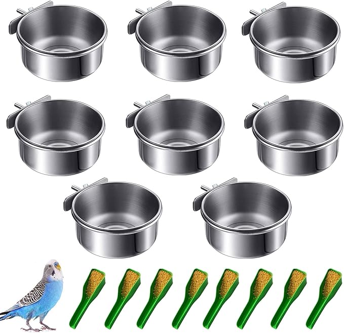 6 pcs Bird Feeding Dish Cups, Parrot Stainless Steel Food Bowl Cage Water Feeder with Clamp Holder for Parrots Cockatiel Budgies Lovebird Parakeet Feeding Cups with 6 Spoon