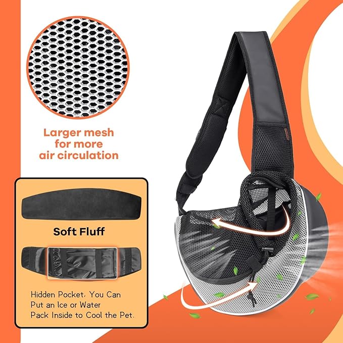 YUDODO Pet Sling Carrier for 5-9 lbs Small Dogs & Cats – Hands-Free Puppy Carrier with Safety Hook, Large Zipper Pocket, Soft Breathable Mesh, Adjustable Strap & Reflective Strip (Gray 3.0 M)