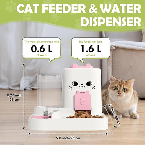 1.6L Auto Gravity Pet Feeder and 0.6L Water Dispenser Set, Automatic Cat Food and Water Dispenser, Gravity Pet Feeder for Small Medium Dog Puppy Cat Kitten (Pink)