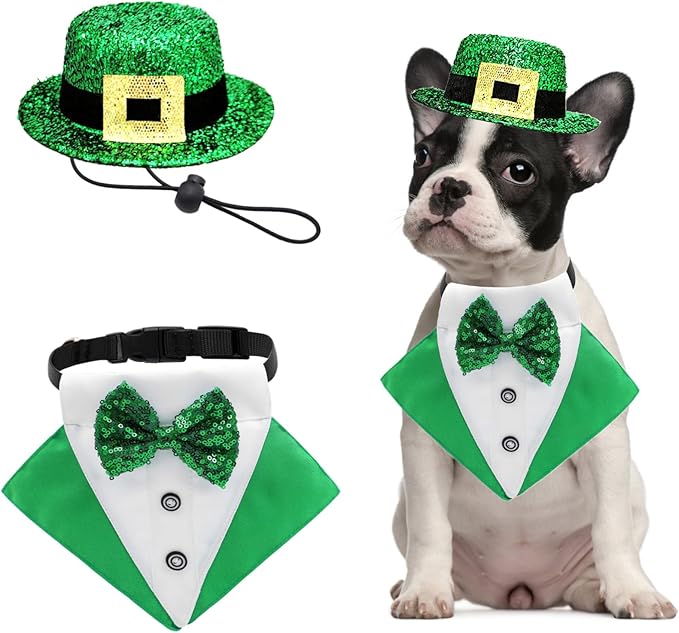 2 PCS St. Patrick's Day Costume Dog Bandana Collar and Pet Top Hat Buckle Green Dog Bow Tie Formal Tux Clothes with D-Ring Irish Tuxedo Saint Patrick Outfits for Dogs Puppy Cat Party Dress (Medium)