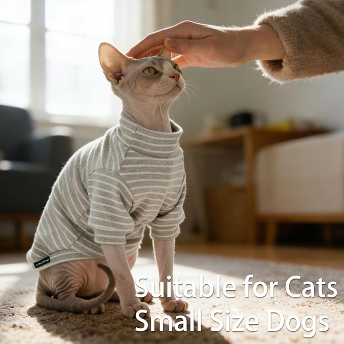 Fleece Sphynx Cat Clothes Soft Hairless Cat Clothes Pullover Cat Sweater for Chihuahua All Season Light and Warm Kitten Cloth for Cats Only Puppy Clothes Small Dog Sweater (Gray Striped, Small)