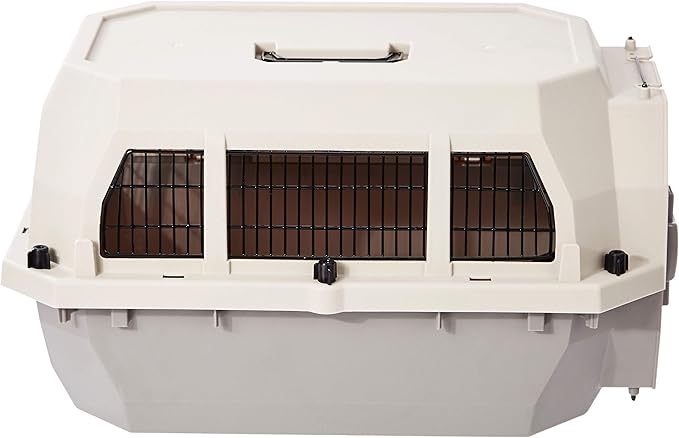 Amazon Basics Hard-Sided Dog and Cat Kennel, Single-Door Travel Pet Carrier with Metal Wire Ventilation, 23.6" L x 15.7" W x 13" H, Beige