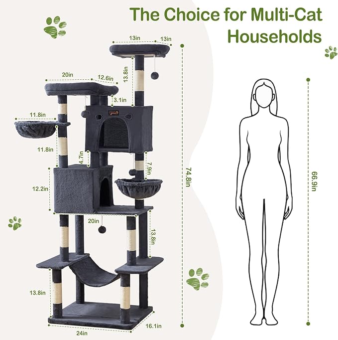Large Cat Tree Tower for Indoor Cats Adult, 74.8 Inch Tall Large Multi-Level Tree Towers with Scratching Posts, Condo, Hammock, Bed for Big Cats, Modern Cat Trees Furniture Heavy Duty (Dark Gray)