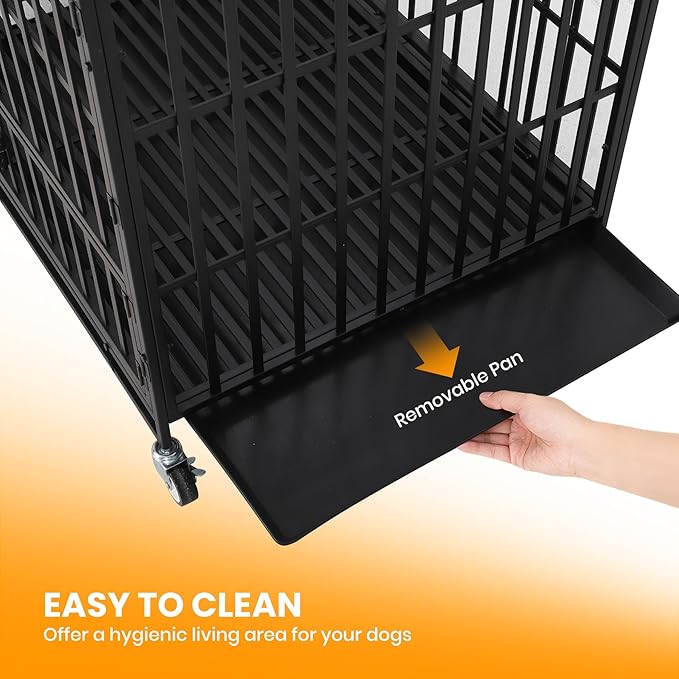 49 Inch Heavy Duty Dog Crate with Wheels, Escape Proof Metal Kennel with 3 Doors & Removable Tray for Large Medium Dogs, Black