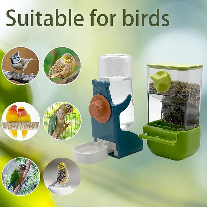 No Mess Bird Feeder Water Dispenser Set, Automatic Transparent Parrot Feeder Acrylic Parrot Food Container Drinker Cage Accessories for Small Birds Canary Parakeet Finch (Blue+Blue, 1)