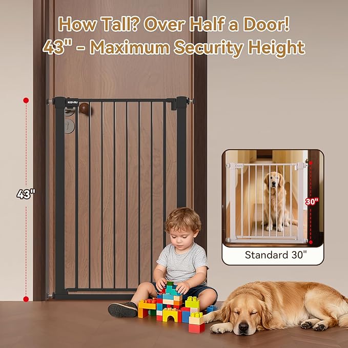 43 inch Tall Safety Dog Gate Adjustable 29.7-57 inch Extra-Wide Metal Pet Gate Drill-Free Pressure-Mount Installation kit Self-Closing Cat Gate for Stairwells、Doorways（Black）