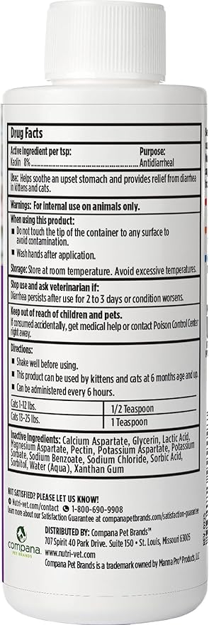 Nutri-Vet Anti-Diarrhea Liquid for Cats, Gentle Formula with Pectin and Kaolin, Soothes Upset Stomach and Irritated GI Tract, Slows Stool Passage, Cat Essentials, Detoxifies Bacterial Toxins, 4oz