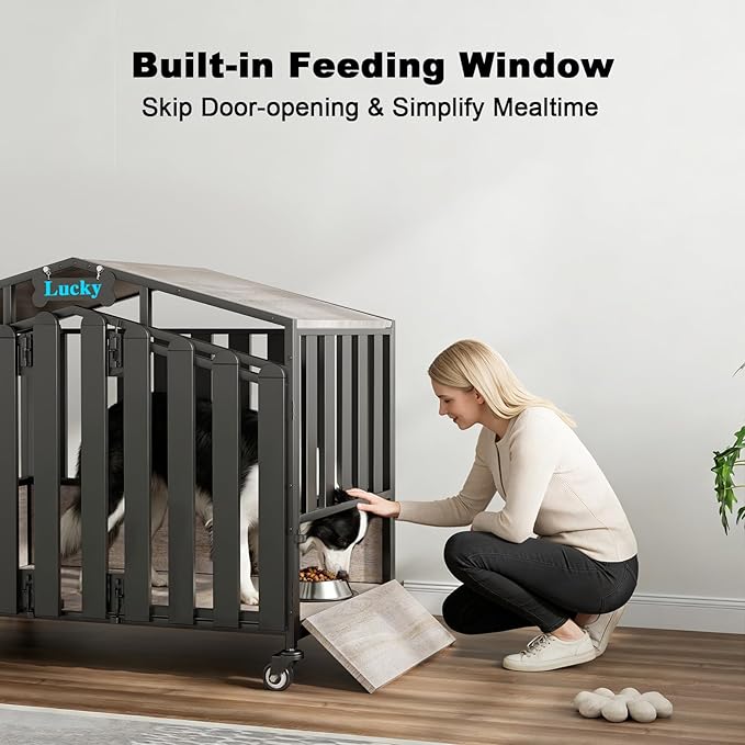 EasyCom 41“ Heavy Duty Dog Crate Furniture, Dogs Kennel Indoor with 360° Wheels, Decorative Dog Kennels for Medium Dogs, Dog Crate with Feeding Window and Name Tag, Dog House, Oak Grey