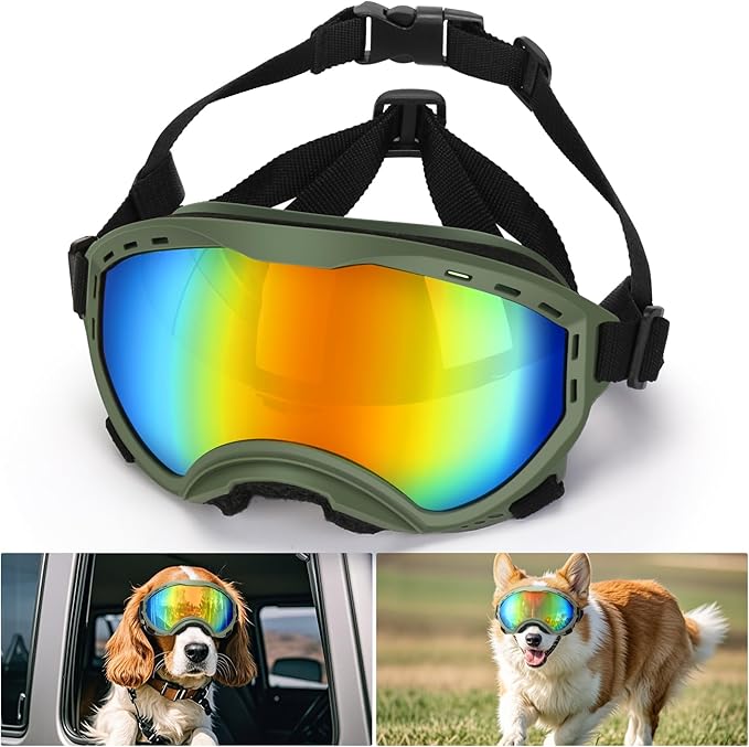 Middle Dog Goggles UV Protection, Dog Sunglasses Transparent Lens, Anti-Fog Snowproof Windproof, Suitable for Medium Dog Outdoor, for Dogs Eyes Protection, Green Box