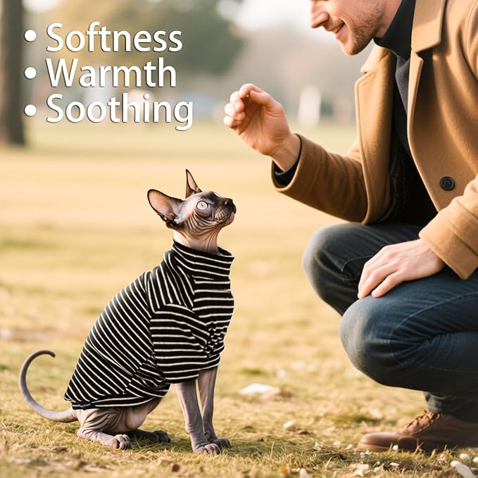 Sphynx Cat Sweater Hairless Cat Clothes Sweater Shirt Soft Warm Long Sleeves Pullover Pet Clothes Pajamas Dog Cloth for Small Dogs Jumpsuit Pet Sweaters (B&W Striped, Small)