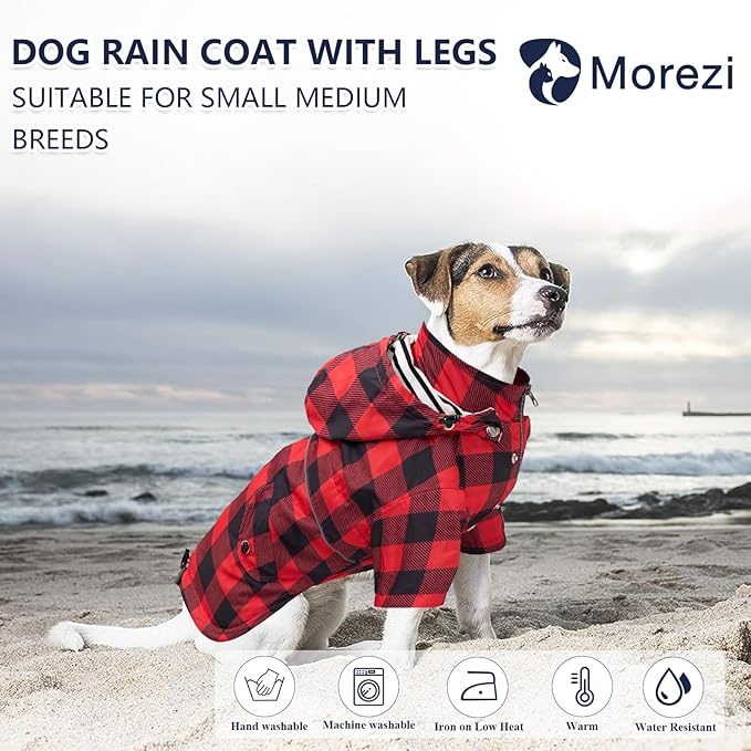 Dog rain Coat Waterproof Raincoat Puppy Jacket with Legs Buttons Zipper Hood Drawstring Fit for Yorkie Terrier Schnauzer Poodle Border Collie Labrador Golden Retriever 8lbs to 80lbs Red XS