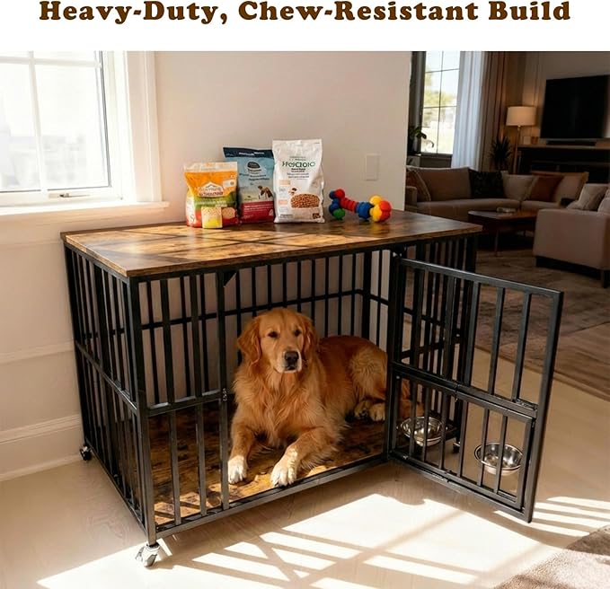 43" Dog Crate Furniture Foldable, Large Dog Kennel Furniture with Swing-Out Bowl & Dual Base Sets (Feet+Wheel), No Assembly Foldable Dog Crate Furniture, End Table for Large Dogs, Rustic Brown