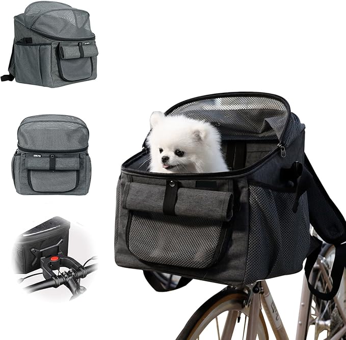 Dog Bike Basket, 12.5 x 11.4 x 15.3 Inches Bike Basket Front Dog Carrier, Expandable Foldable Soft-Sided Dogs Carrier, Universal Fit Cat Dogs Pet Bikes Baskets for Travelling, Camping, Walking (Gray)