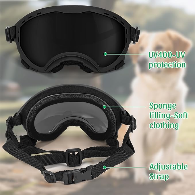Middle Dog Goggles UV Protection, Dog Sunglasses Transparent Lens, Windproof Anti-Fog Snowproof, for Dogs Eyes Protection,Suitable for Medium-Large Dog Outdoor, Black Box