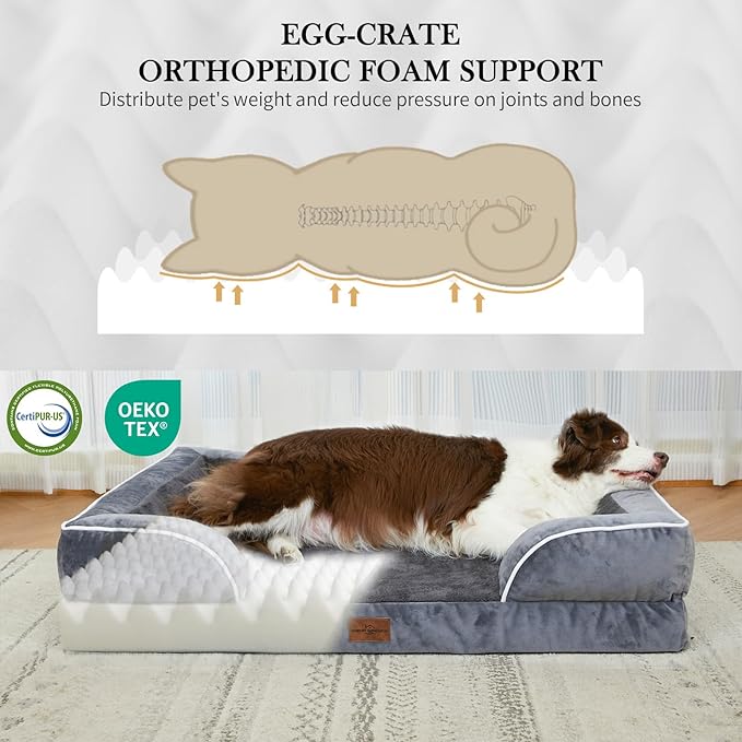 Comfort Expression Orthopedic Dog Bed for Extra Large Dogs 42x30 Inch, Waterproof Egg Crate Foam XL Pet Bed with Removable Bolsters, Dog Couch with Washable Cover & Non-Slip Bottom, Dark Grey