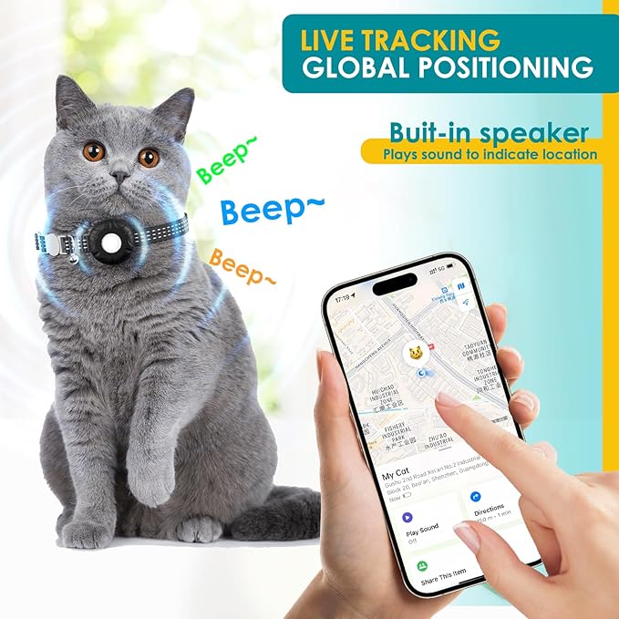 Cat Tracker Compatible with Apple Find My App (Only iOS), No Monthly Fee, Waterproof Pet Tracker for Cats, Black