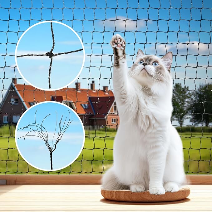 Steel Reinforced Cat Netting for Balcony Anti-Fall Fence Safety Net, Extra Strong Cat Net for Catio Safety Cat Balcony Netting for Pets Cat Proof Screen Pet Net Cat Balcony Protection Barrier10FTx20FT