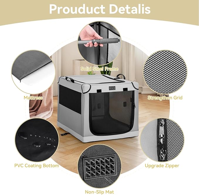 PETSFIT Portable Dog Crate for Medium Large Dogs, – 36" Soft Dog Travel Crates with Lockable Zippers & Thicken Mat, Adjustable Patented Spiral Steel Frame, Collapsible Kennel for Indoor & Outdoor