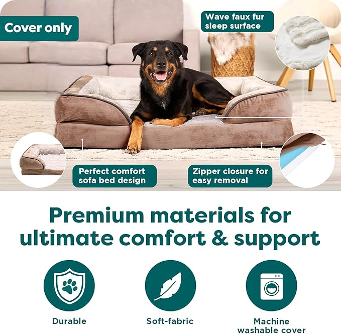 FurHaven Dog Bed Cover Replacement, Sofa-Style Design with Soft, Breathable Fabric for Cozy Comfort, Machine Washable, Jumbo XL, Plush & Velvet Waves, Brownstone