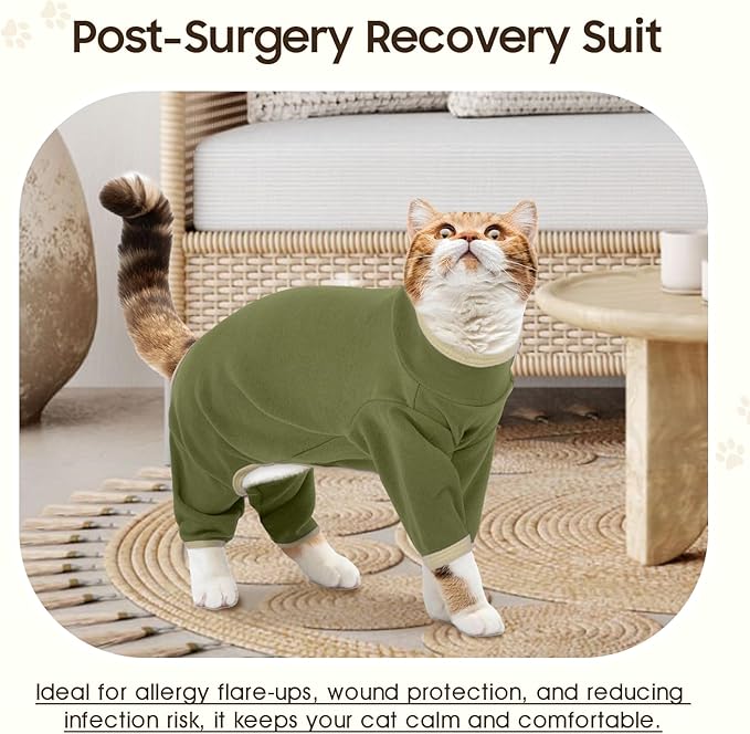 DENTRUN Cat Clothes for Hair Control with Hair Sticky Fabric - Soft Recovery Suit & Breathable Lint-Resistant Cat Sweater for Cats Only, Kitten Onesie Pajamas, XL, Army Green