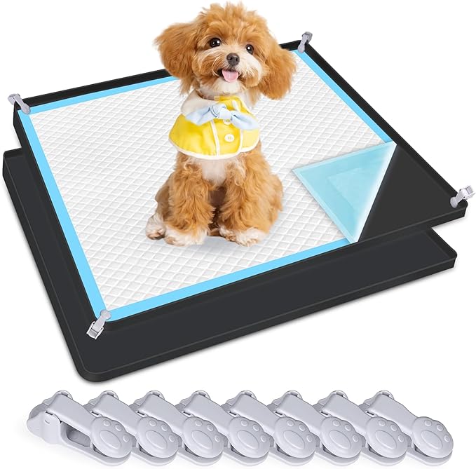 Dog Pee Pad Holder, 2 Pack Dog Potty Tray Silicone Puppy Pad Holder Tray Fits for 24" x 24" Training Pads, Puppy Potty Tray with 8 Clamps No Spill Raised Lip High Edge for Floor Protection (Black)