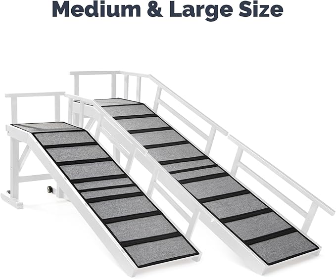 Dog Ramp for Bed or Couch, Wooden Pet Ramp with 20° Gentle Slope, Removable Side Rails, Non-Slip Surface, Top Platform & Wheels, Safe Bed Ramp for Small, Large & Senior Dogs, 74" Long, White