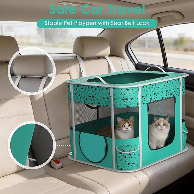 Cat Playpen - Portable Dog Playpen with Litter Box, Foldable Soft Dog Crate for Indoor/Outdoor, Pop Up Cat Enclosure, Collapsible Puppy Kitten Rabbit Cage Tent，3-Room